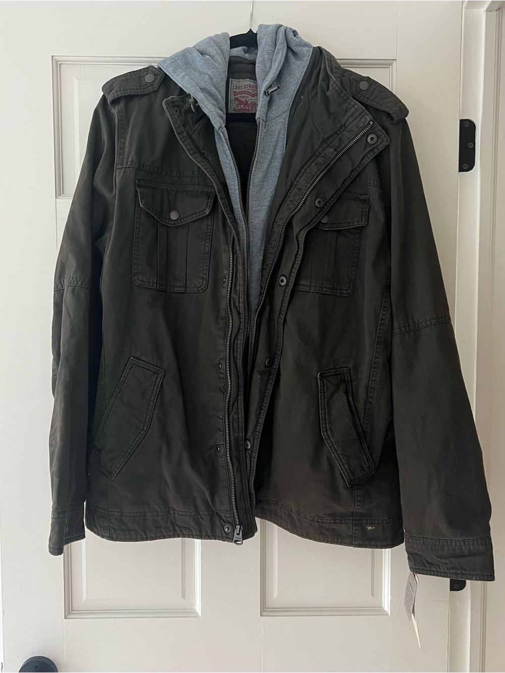 Men's Dark Olive Military Field Jacket with Removable Grey Hooded Liner